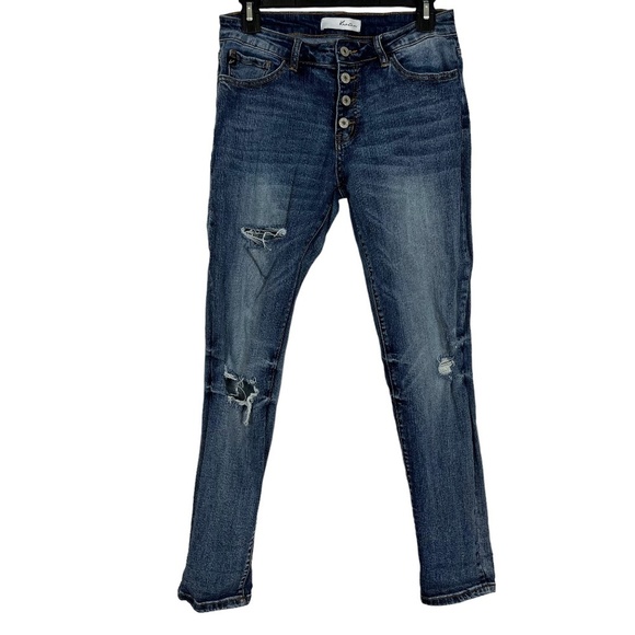 Kancan Women's Clarie Mid Rise Boyfriend Jeans Distressed Button Fly Stretch 28 - Picture 1 of 16
